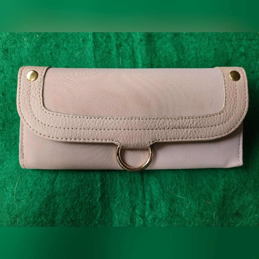 Maxx Elegant Tan Clutch with Gold Accents Zippered Compartment Flowered Line 6"